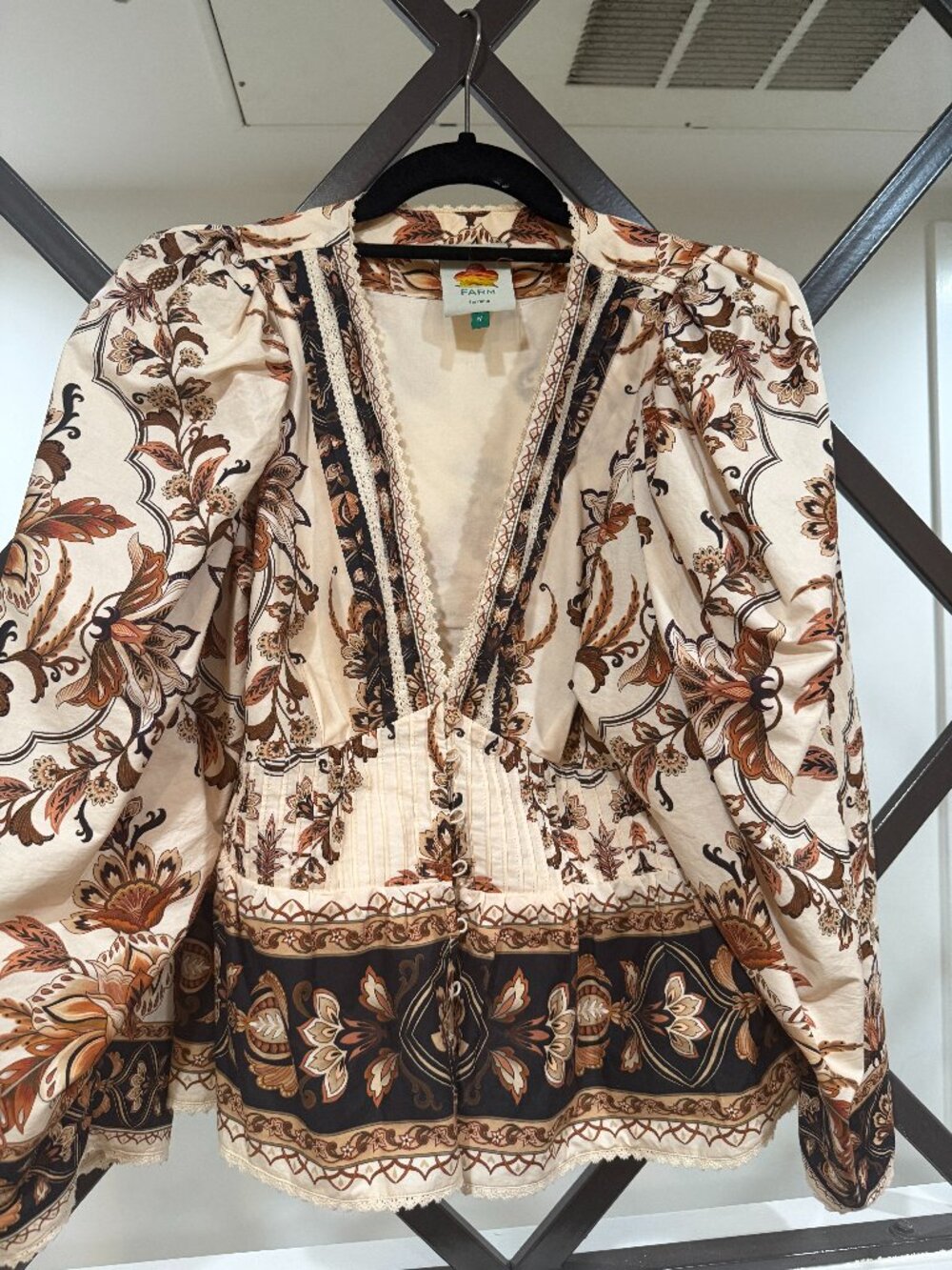 Farm Rio deep-V paisley/damask print blouse